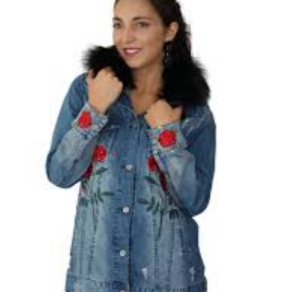 Embroidered Denim Jacket with Faux Fur Collar